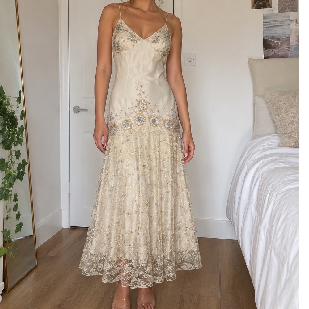 Vtg Beaded Lace Silk Maxi Dress Champagne Gold Sequin evening gown bride fairy